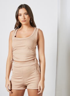 FEMME LUXE Ruched Detail Crop Top and Shorts Set Beige  - Image 2