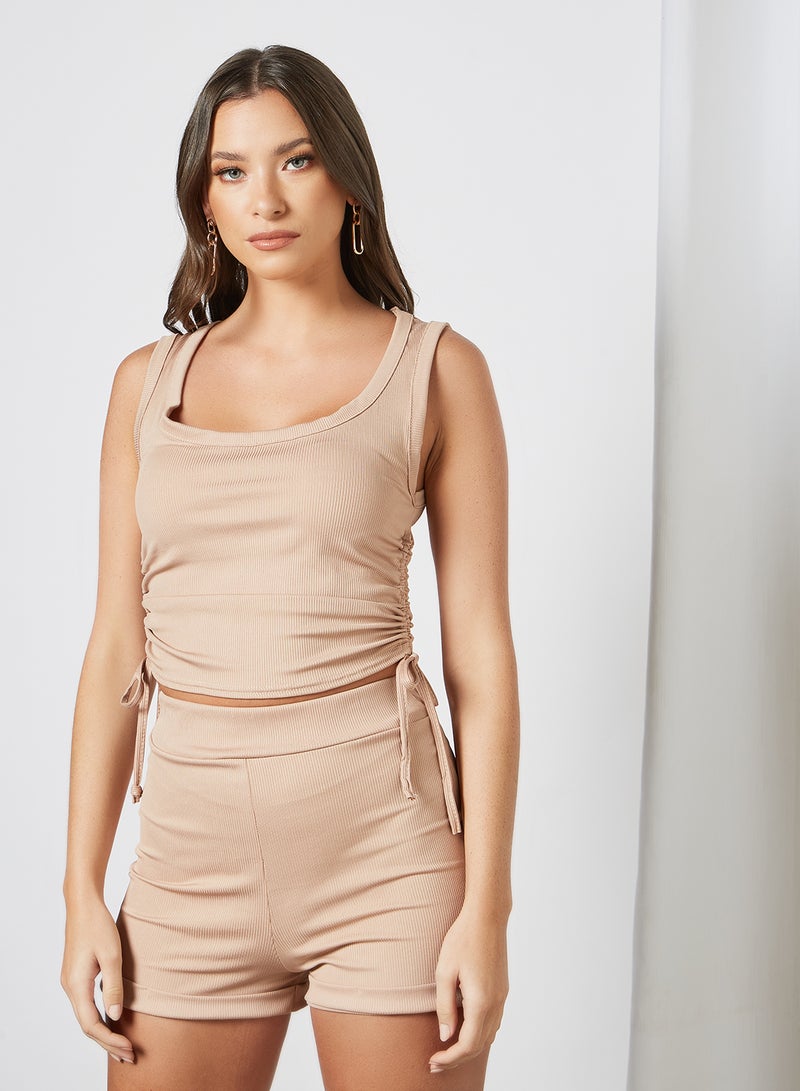 FEMME LUXE - Ruched Detail Crop Top and Shorts Set Beige - Image 1