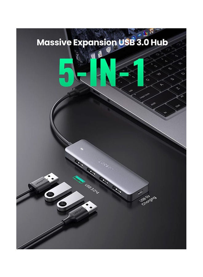 Ugreen - 4-Port USB 3.0 Hub + Powered by USB-C, Metal Plated Shell, Ultra Slim Grey - Image 1