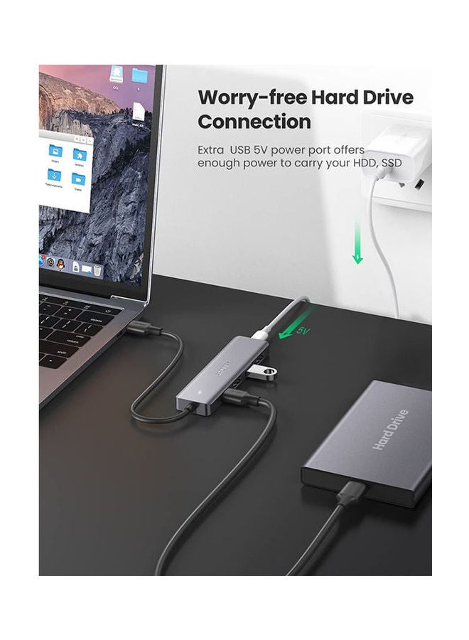 Ugreen - 4-Port USB 3.0 Hub + Powered by USB-C, Metal Plated Shell, Ultra Slim Grey - Image 1