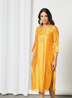 Square Neck Fancy Work Kurti Yellow