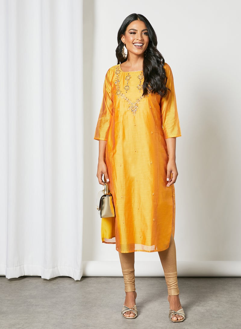 Zyna Fashion - Square Neck Fancy Work Kurti Yellow - Image 1