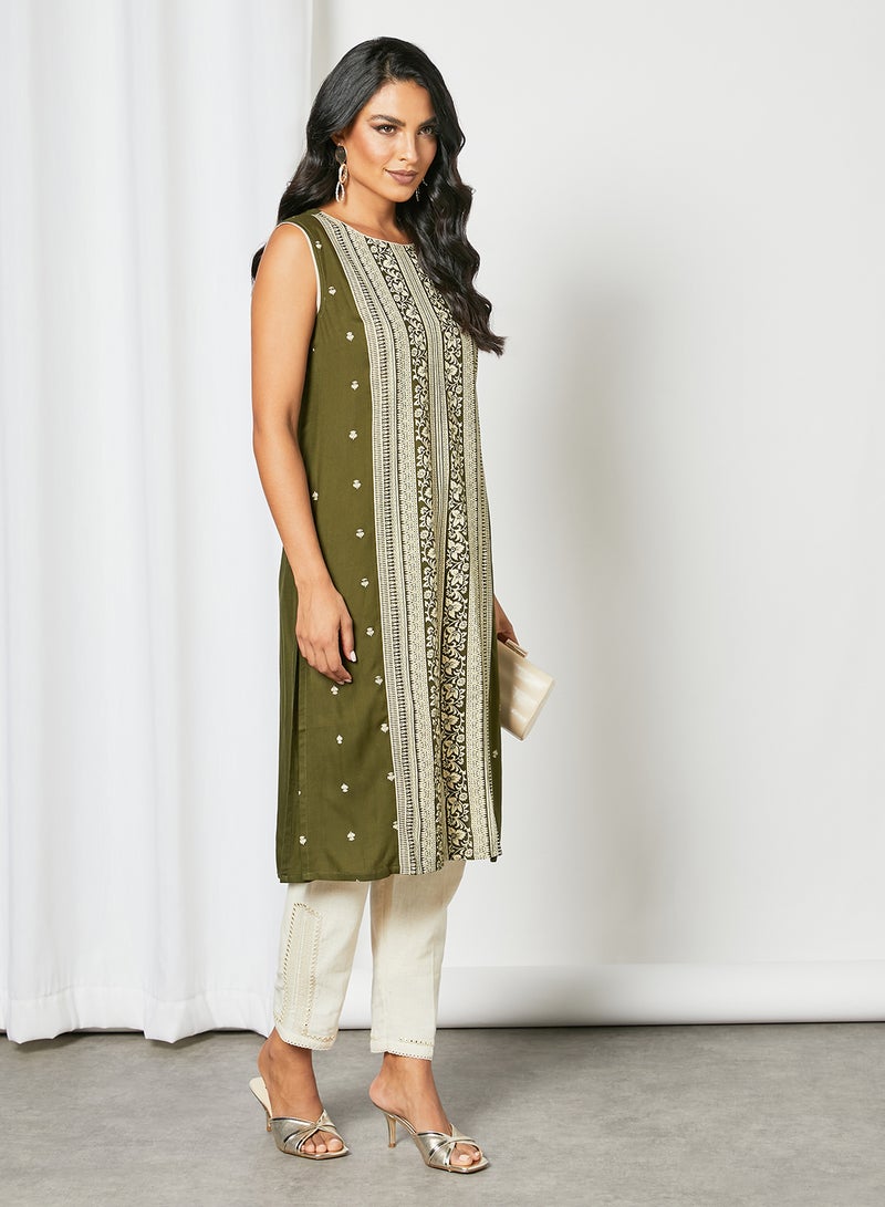 Zyna Fashion - Embroidered Fancy Sleeveless Mid Length Kurta Multicolour - Image 1