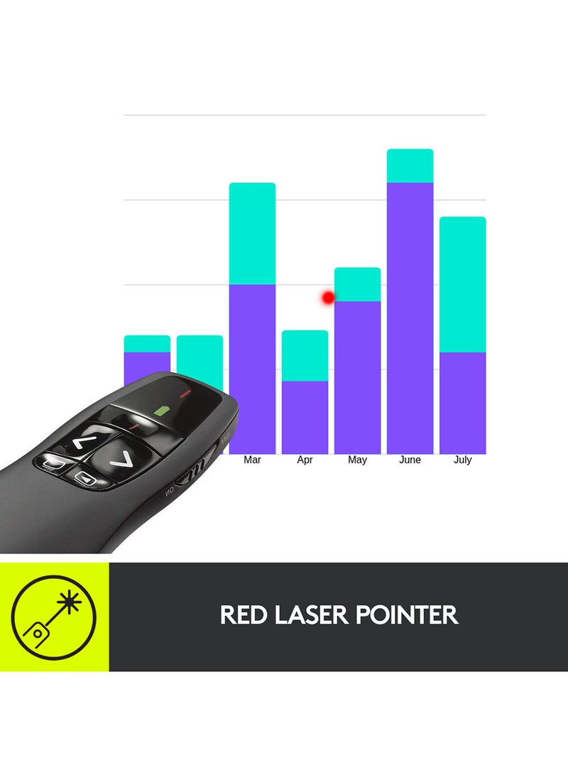 Logitech - R700 Wireless Presentation Remote, 2.4 GHz With Nano USB-Receiver, Red Laser Pointer, Slideshow Buttons, 30-Meter Operating Range, LCD-Display for Time Tracking, 6 Buttons, for PC Black - Image 1