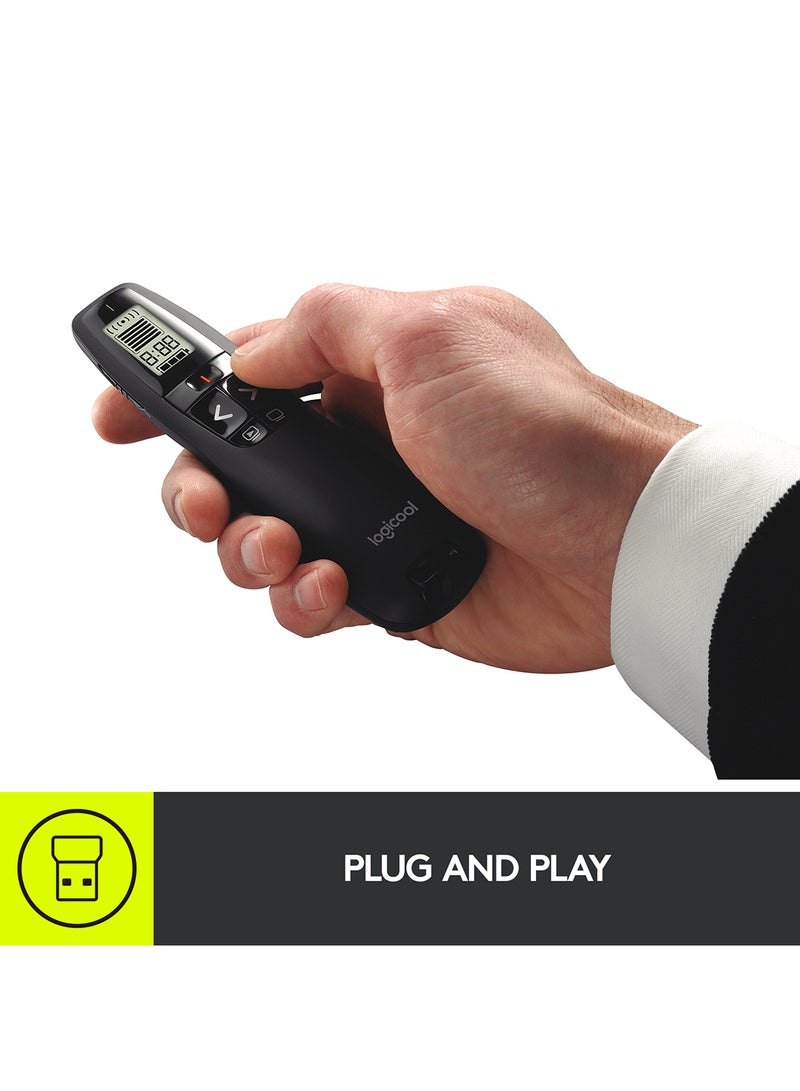 Logitech - R700 Wireless Presentation Remote, 2.4 GHz With Nano USB-Receiver, Red Laser Pointer, Slideshow Buttons, 30-Meter Operating Range, LCD-Display for Time Tracking, 6 Buttons, for PC Black - Image 1