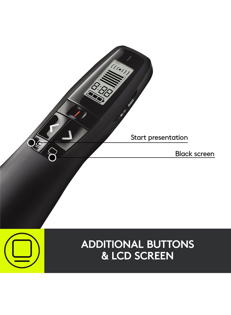 Logitech - R700 Wireless Presentation Remote, 2.4 GHz With Nano USB-Receiver, Red Laser Pointer, Slideshow Buttons, 30-Meter Operating Range, LCD-Display for Time Tracking, 6 Buttons, for PC Black - Image 1