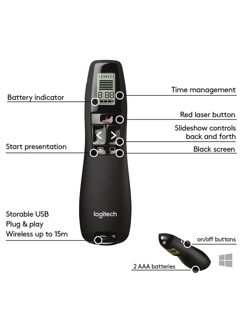 Logitech - R700 Wireless Presentation Remote, 2.4 GHz With Nano USB-Receiver, Red Laser Pointer, Slideshow Buttons, 30-Meter Operating Range, LCD-Display for Time Tracking, 6 Buttons, for PC Black - Image 1