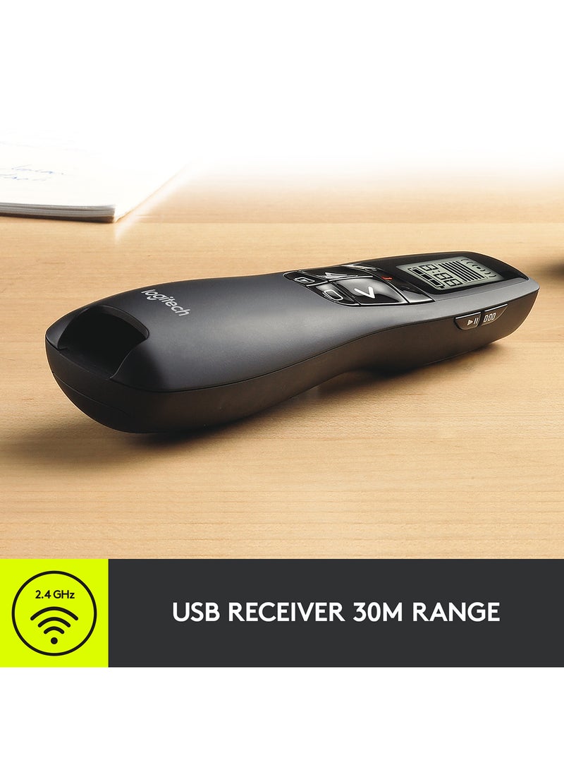 Logitech - R700 Wireless Presentation Remote, 2.4 GHz With Nano USB-Receiver, Red Laser Pointer, Slideshow Buttons, 30-Meter Operating Range, LCD-Display for Time Tracking, 6 Buttons, for PC Black - Image 1