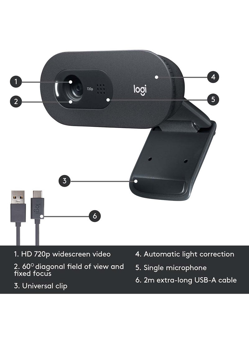 لوجيتيك - كاميرا ويب C505 بدقة عالية الوضوح - كاميرا خارجية بوصلة USB ودقة عالية الوضوح 720p للكمبيوتر المكتبي أو اللابتوب مع ميكروفون طويل المدى وهي متوافقة مع أجهزة الكمبيوتر أو ماك أسود - Image 1