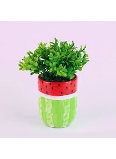 Funny Pot Handmade Porcelain Pot With Artificial Green Plant Red&Green 15x11cm 