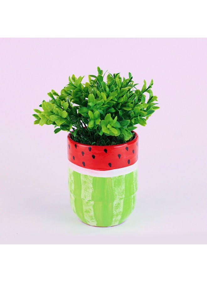 Handmade Porcelain Pot With Artificial Green Plant Red&Green 15x11cm