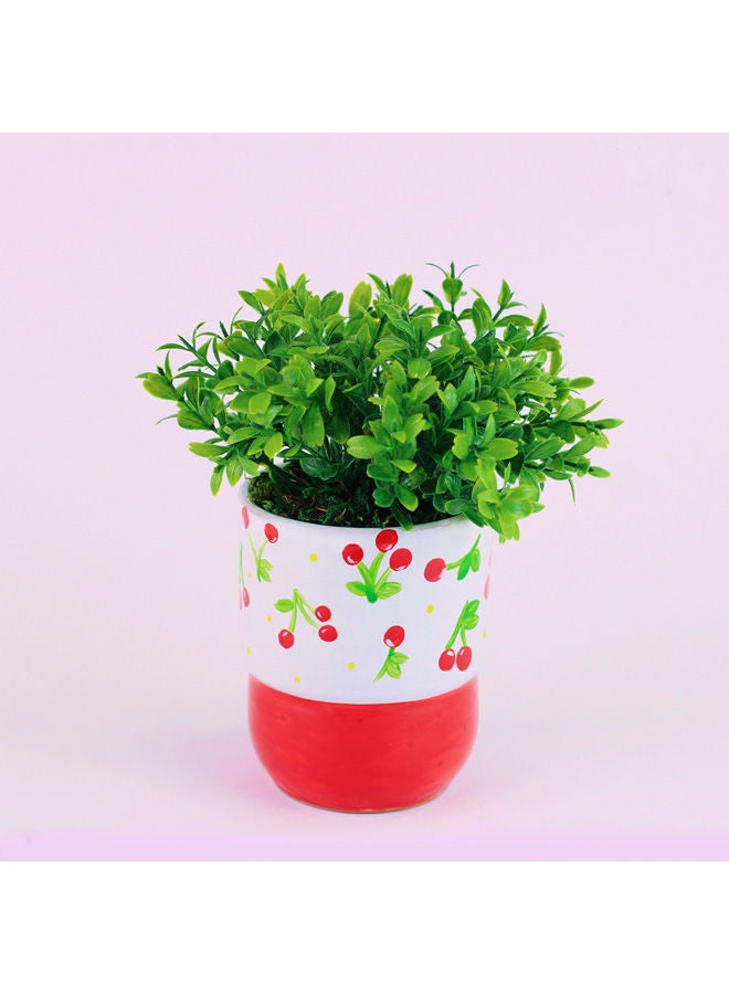 Handmade Porcelain Pot With Artificial Green Plant Red&Gray 15x11cm