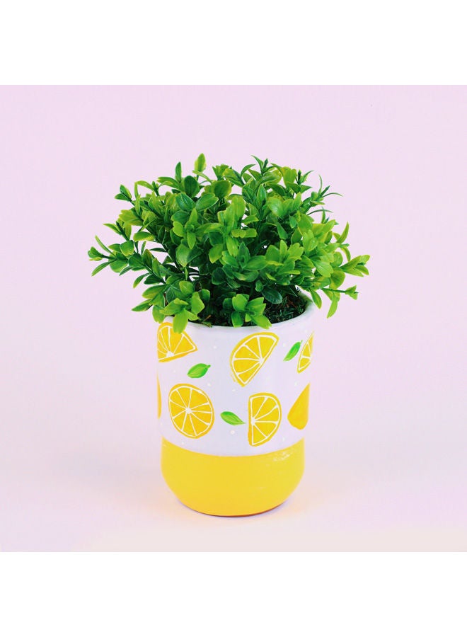 Handmade Porcelain Pot With Artificial Green Plant Red&Gray 15x11cm