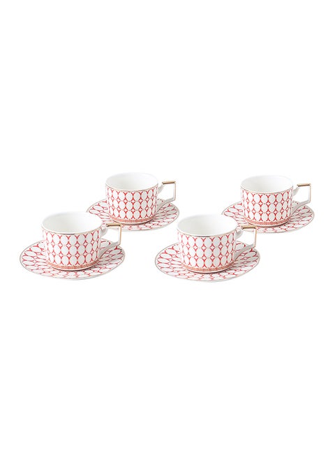 8-Piece Cups And Saucers Set Red/White 8.5x6.5cm
