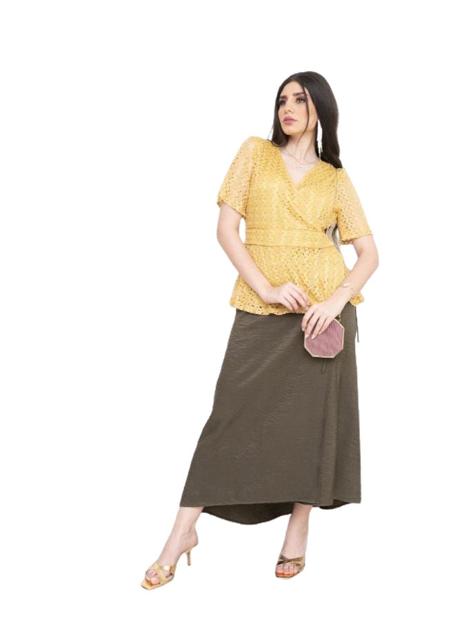 RINA Embroidered V-Neck Short Sleeve Blouse Yellow  - Image 2