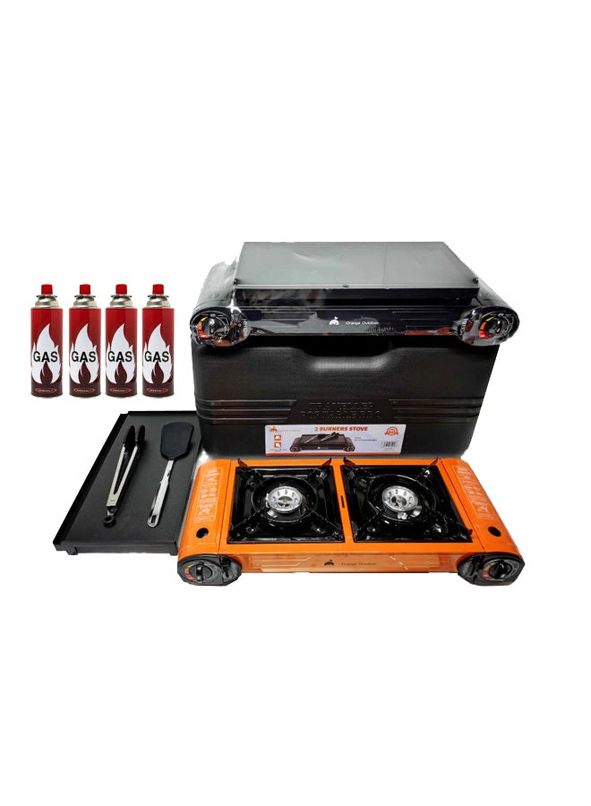 طقم موقد غاز البوتان للتخييم بشعلة مزدوجة مع لوح تسخين للشواء مكون من 4 قطع متعدد الألوان 75x30x10سم - Image 1