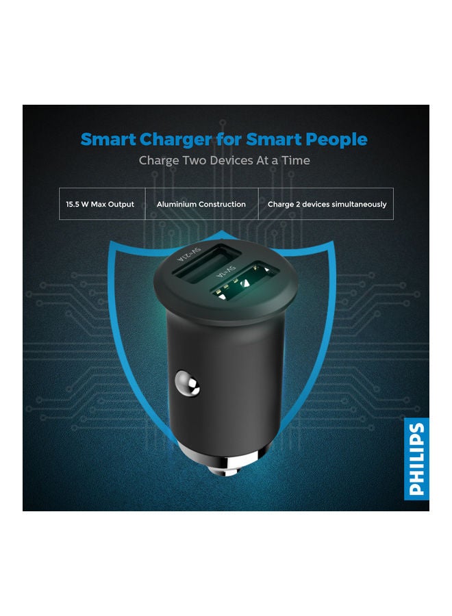 Philips Dual-Port USB Car Charger with 15.5W Output, Fast Charging, Aluminium Body, USB-A Type Connector, Smart Overheat & Over voltage Protection, Compatible With iPhone 16/15/14/13/12/11 iPad Pro mini 6 Samsung S25/S24/S23/S22 - Image 2