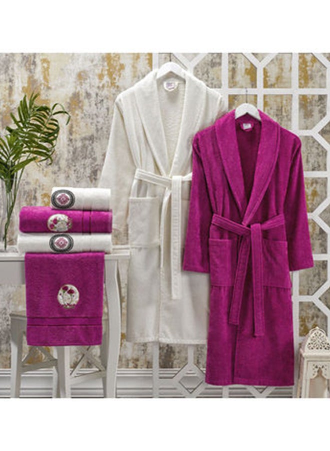 6-Piece Turkish Bathrobe and Towel Set Fuchsia/Off White One Size cm