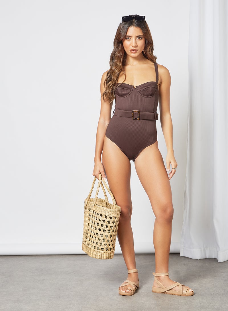 Charlie Holiday. - Zola Ribbed Swimsuit Chocolate Brown - Image 1