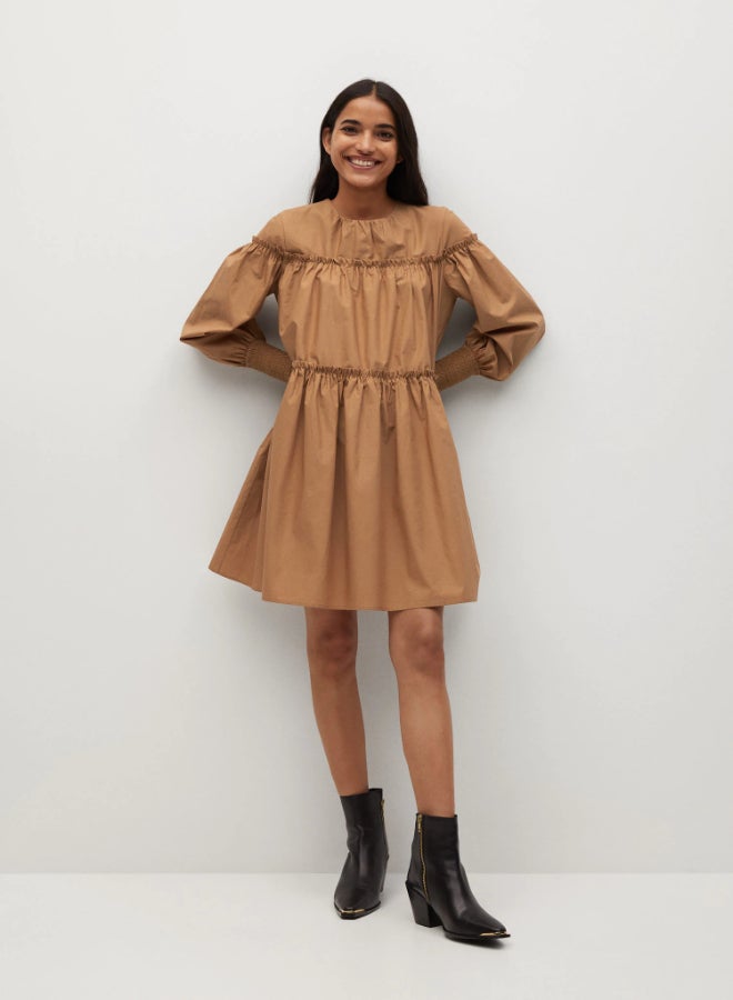 MANGO - Tiered Round Neck Mini Dress Brown - Image 1