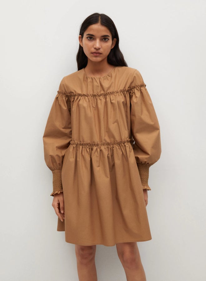 MANGO - Tiered Round Neck Mini Dress Brown - Image 1