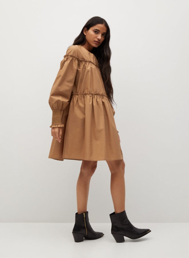 MANGO - Tiered Round Neck Mini Dress Brown - Image 1