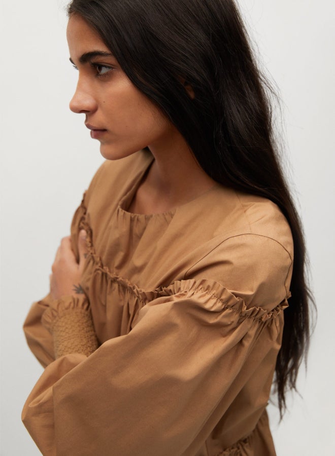 MANGO - Tiered Round Neck Mini Dress Brown - Image 1