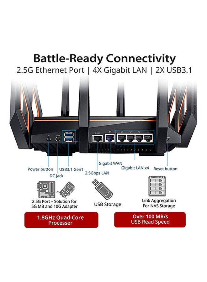أسوس - ROG Rapture GT-AX11000، موجه WiFi ثلاثي النطاق 10 جيجابت، حماية Aiprotection مدى الحياة، Aimesh متوافق مع نظام WIFI الشبكي، الجيل التالي من Wifi 6، لاسلكي 802.11Ax | 90IG04H0-MU9G00 أسود أسود - Image 1