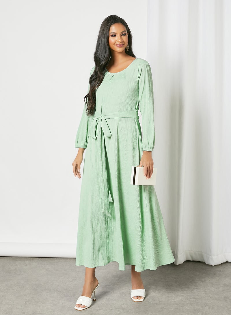 Zyna Fashion - Tie-Waist Trendy Modest Dress Pista Green - Image 1