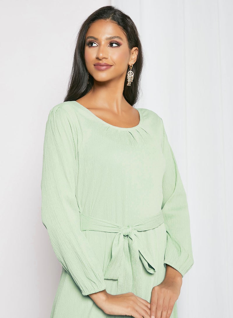 Zyna Fashion - Tie-Waist Trendy Modest Dress Pista Green - Image 1