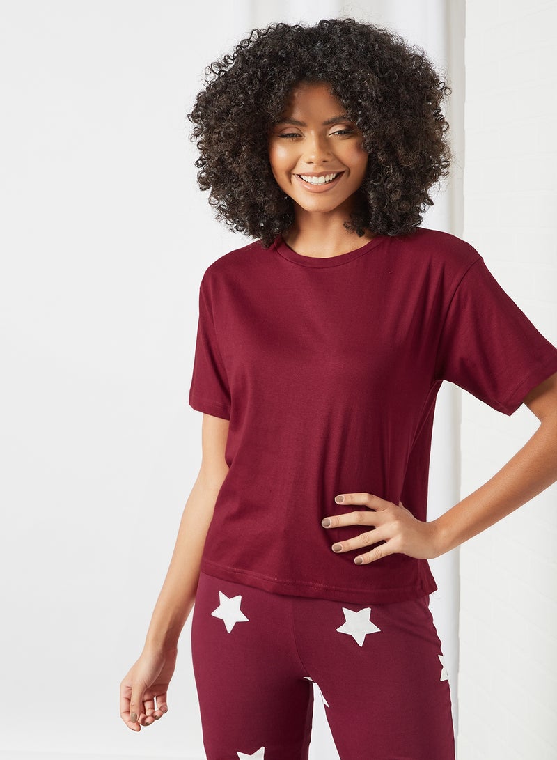 DELA - Plain Relaxed Loungewear T-Shirt Burgundy - Image 1