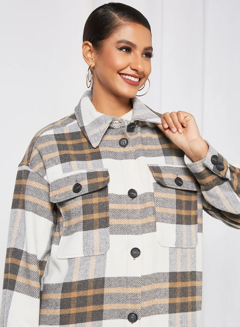 Jacqueline de Yong Check Print Longline Shacket Multicolour
