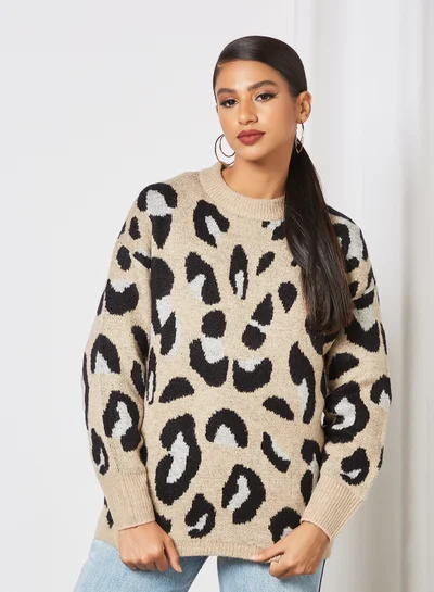 Jacqueline de Yong Leopard Print Sweater Beige