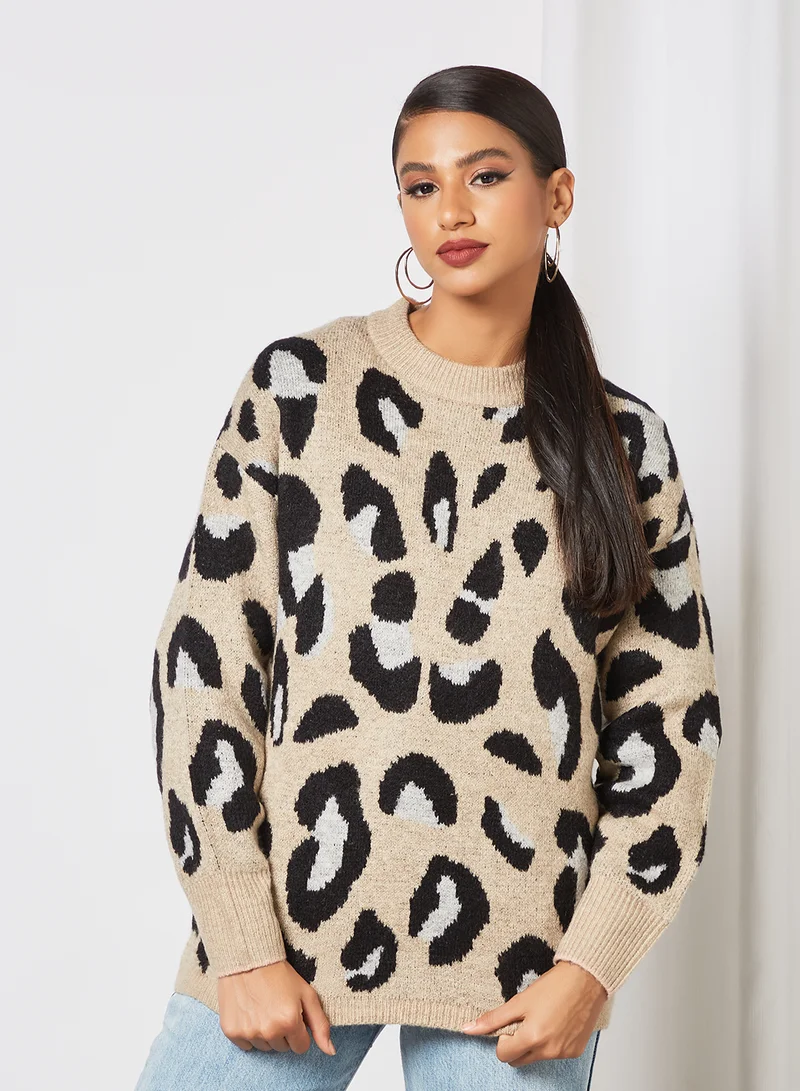 Jacqueline de Yong Leopard Print Sweater Beige