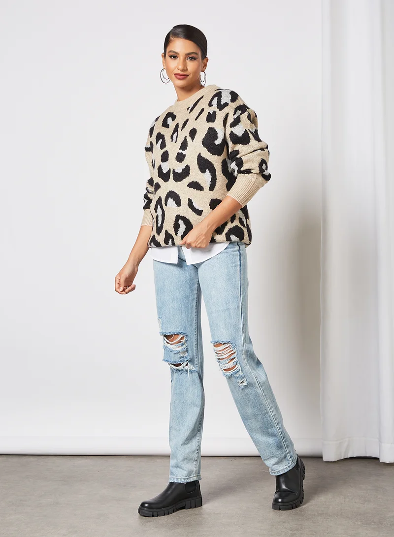 Jacqueline de Yong Leopard Print Sweater Beige