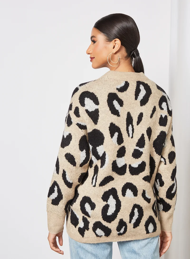 Jacqueline de Yong Leopard Print Sweater Beige