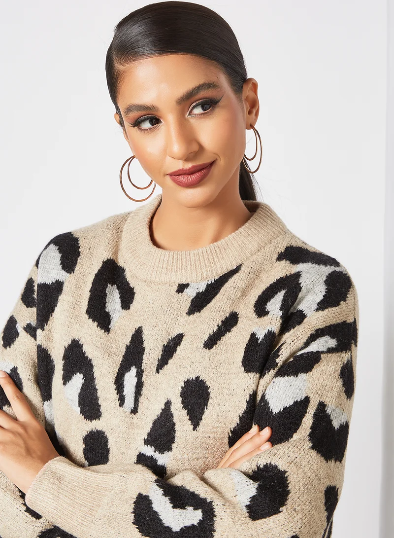 Jacqueline de Yong Leopard Print Sweater Beige