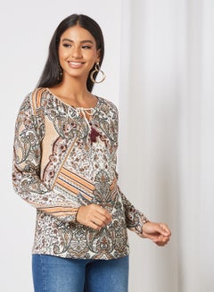 Round Neck Full Sleeve Printed Top White