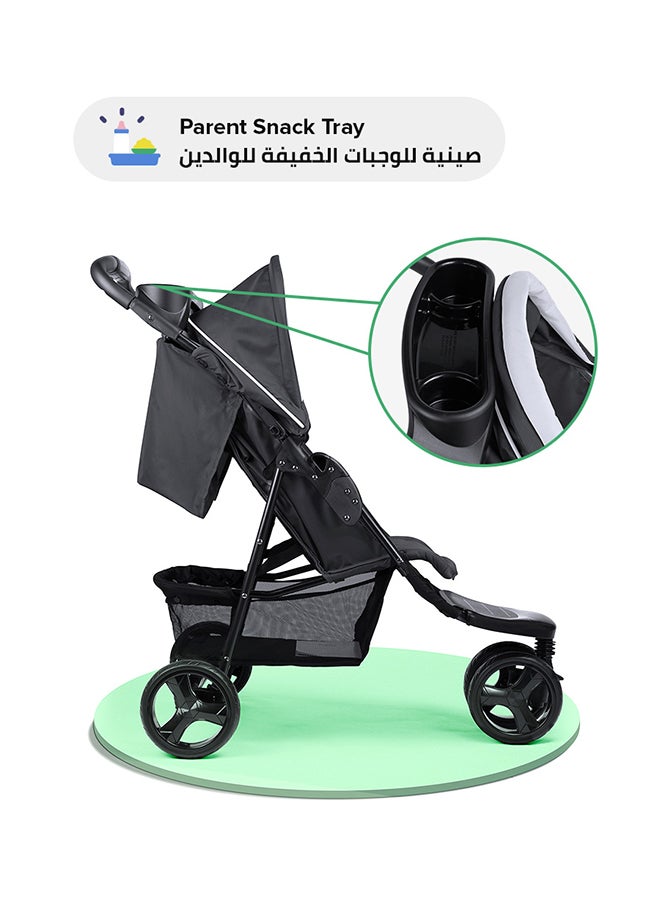 Bebi - 3 Wheels Baby Stroller Lightweight And Quick One Hand Fold with Top Tray Compact And Stylish Design For Newborn To 3 Years Cream/Black - Image 1