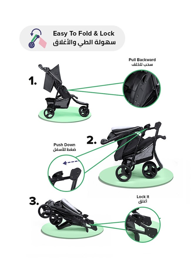Bebi - 3 Wheels Baby Stroller Lightweight And Quick One Hand Fold with Top Tray Compact And Stylish Design For Newborn To 3 Years Cream/Black - Image 1