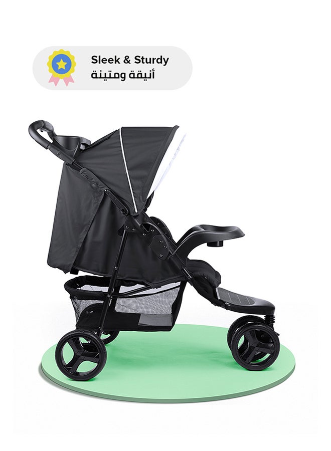 Bebi - 3 Wheels Baby Stroller Lightweight And Quick One Hand Fold with Top Tray Compact And Stylish Design For Newborn To 3 Years Cream/Black - Image 1