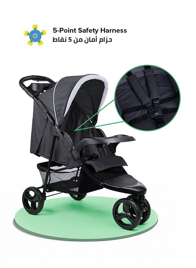 Bebi - 3 Wheels Baby Stroller Lightweight And Quick One Hand Fold with Top Tray Compact And Stylish Design For Newborn To 3 Years Cream/Black - Image 1
