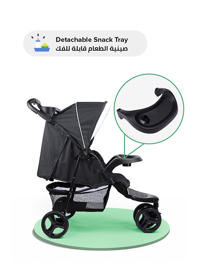 Bebi - 3 Wheels Baby Stroller Lightweight And Quick One Hand Fold with Top Tray Compact And Stylish Design For Newborn To 3 Years Cream/Black - Image 1