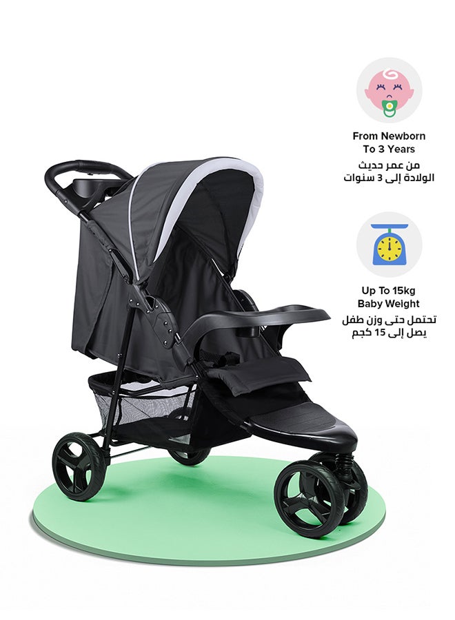 Bebi - 3 Wheels Baby Stroller Lightweight And Quick One Hand Fold with Top Tray Compact And Stylish Design For Newborn To 3 Years Cream/Black - Image 1