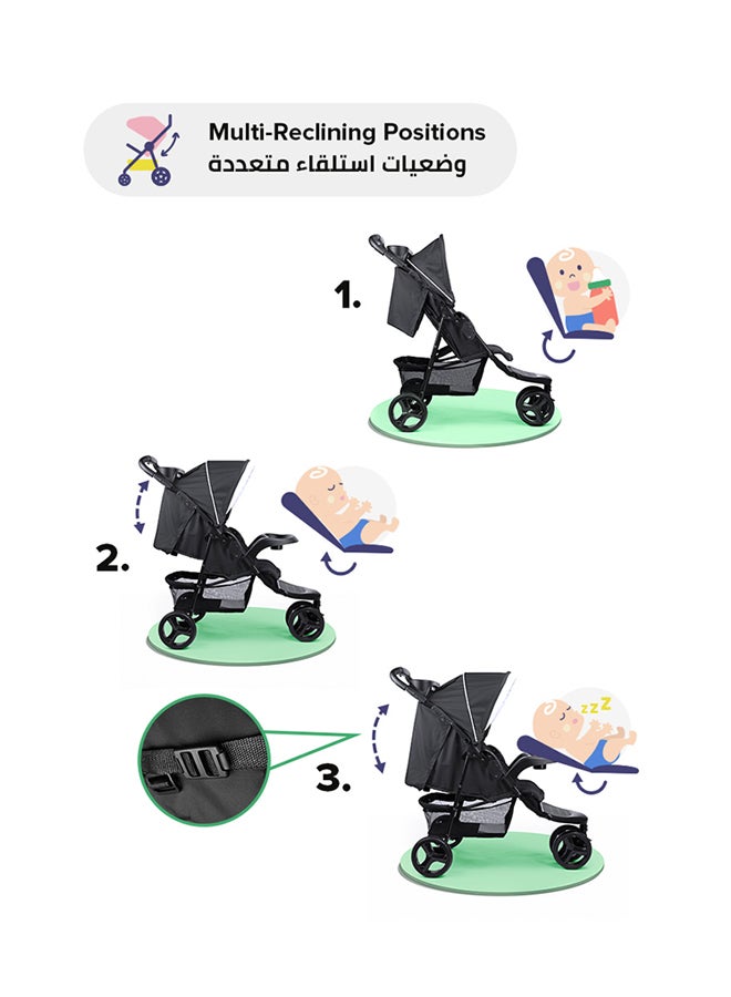 Bebi - 3 Wheels Baby Stroller Lightweight And Quick One Hand Fold with Top Tray Compact And Stylish Design For Newborn To 3 Years Cream/Black - Image 1