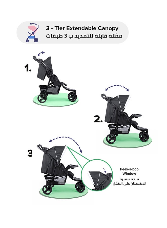 Bebi - 3 Wheels Baby Stroller Lightweight And Quick One Hand Fold with Top Tray Compact And Stylish Design For Newborn To 3 Years Cream/Black - Image 1