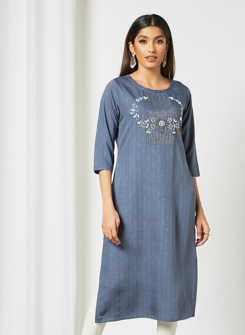 Zyna Fashion - Trendy Hand Embellishment Mid Length Kurti Blue - Image 1