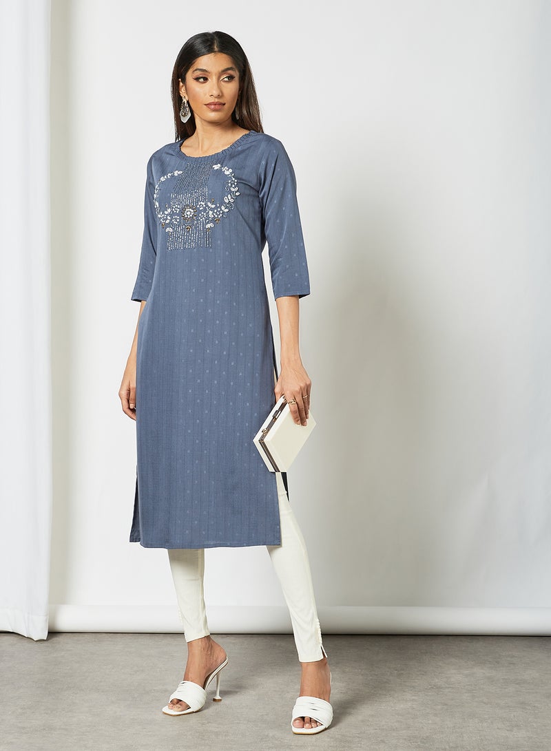 Zyna Fashion - Trendy Hand Embellishment Mid Length Kurti Blue - Image 1