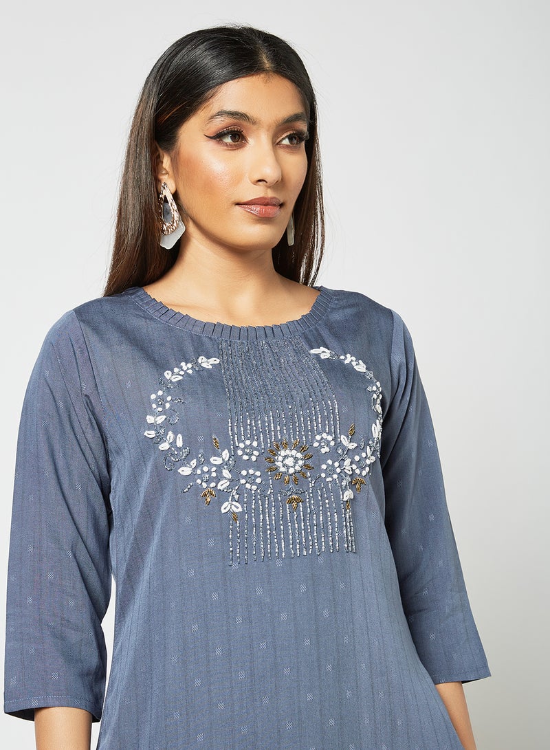 Zyna Fashion - Trendy Hand Embellishment Mid Length Kurti Blue - Image 1