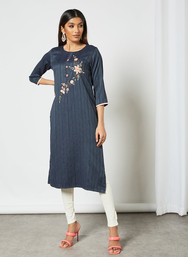 Classy Handwork Round Neck Mid Length Kurti Navy Blue - v1633526156/N49888853V_3